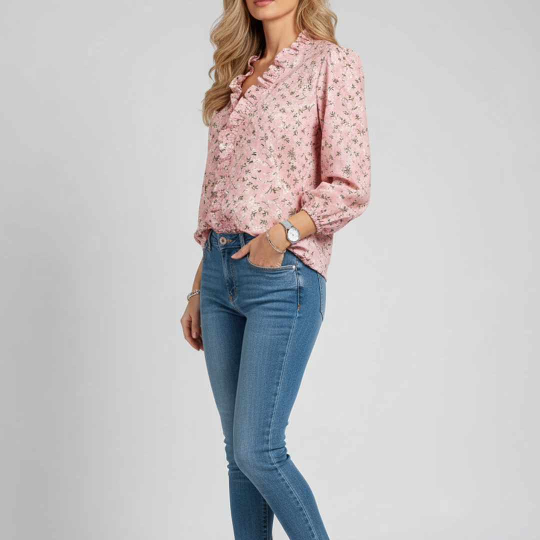 Valinne - V-neck ruffle long sleeve top
