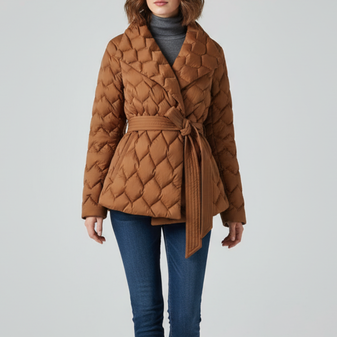 Women's winter padded quilted jacket with tie belt
