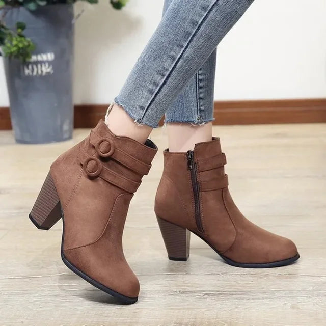 Women's retro belt buckle block heel boots