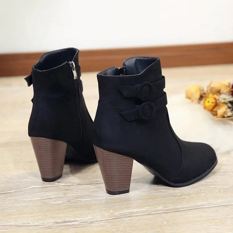 Women's retro belt buckle block heel boots