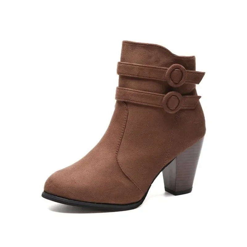 Women's retro belt buckle block heel boots