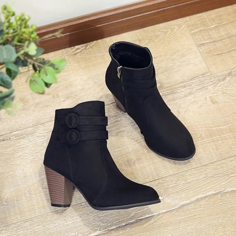 Women's retro belt buckle block heel boots