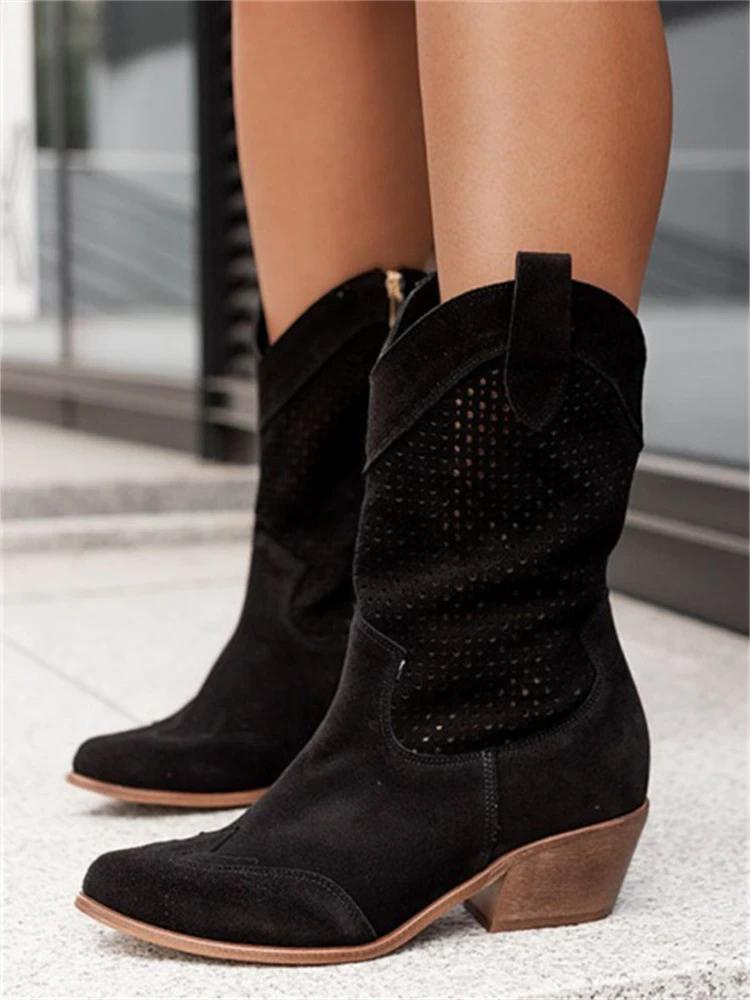 Women's medium heel low-cut stylish cowboy boots