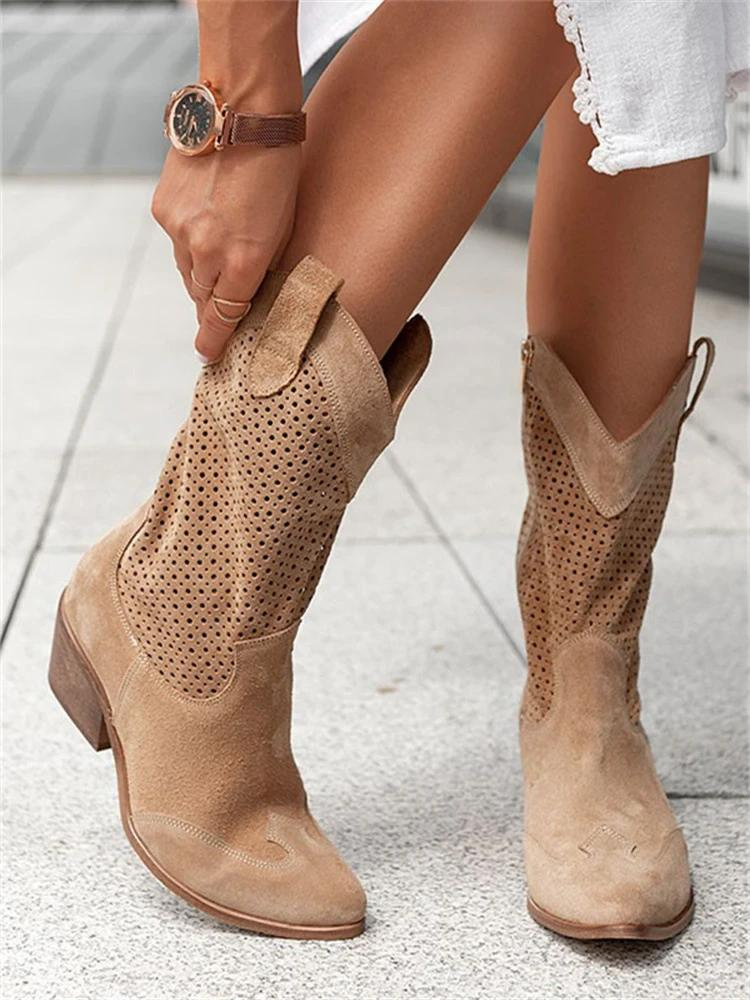 Women's medium heel low-cut stylish cowboy boots