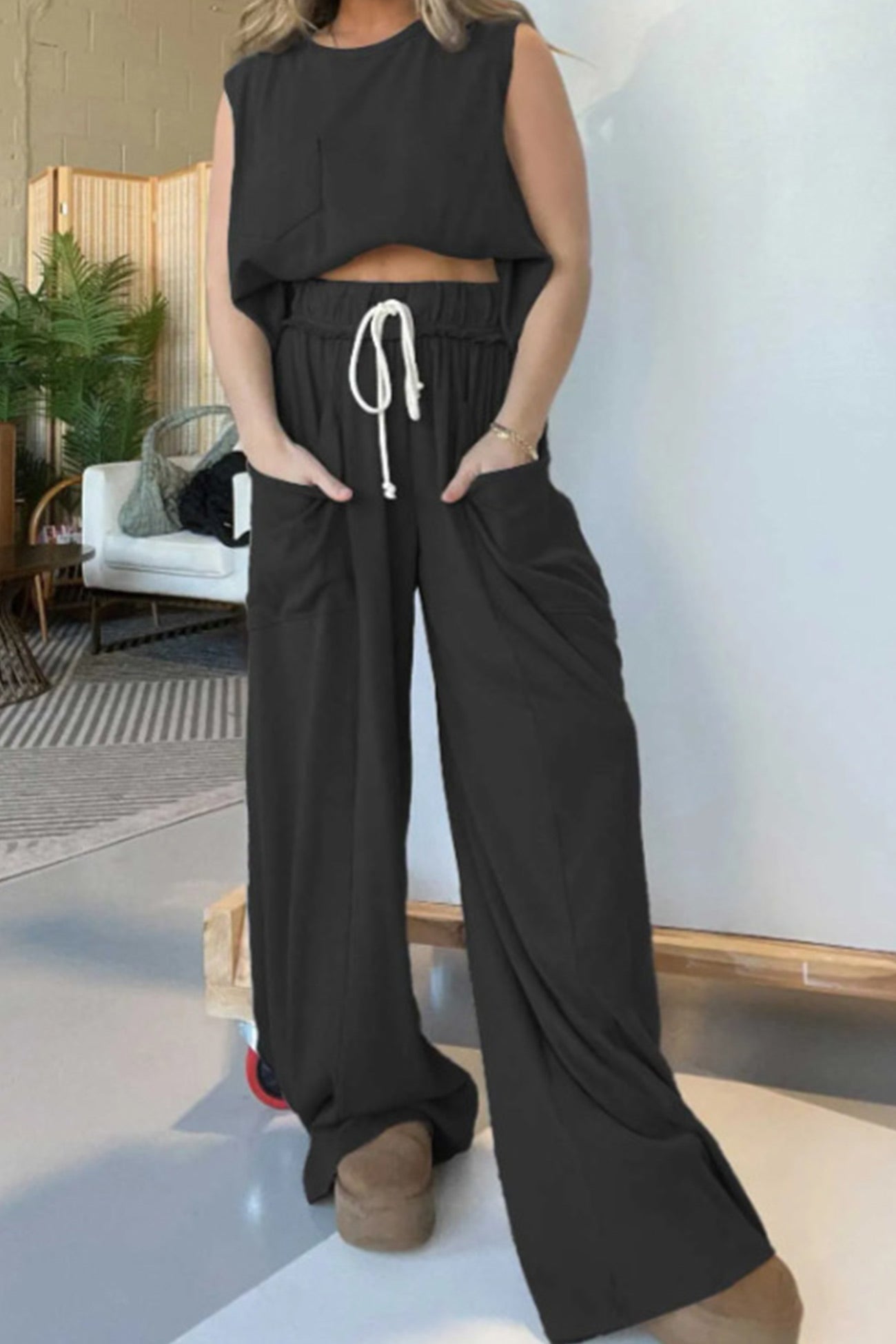 Women's ribbed tank top and wide leg pants set