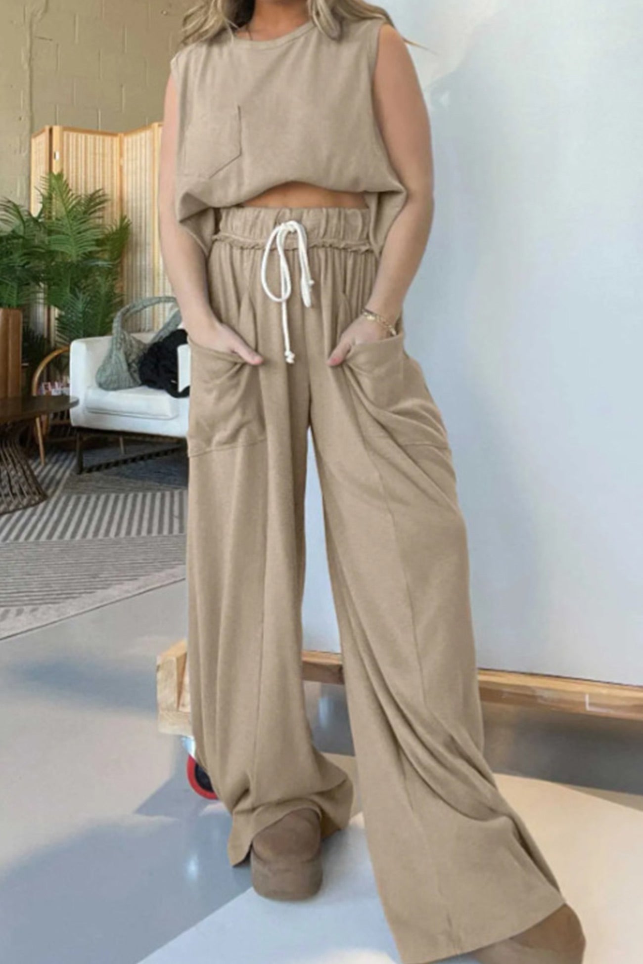 Women's ribbed tank top and wide leg pants set
