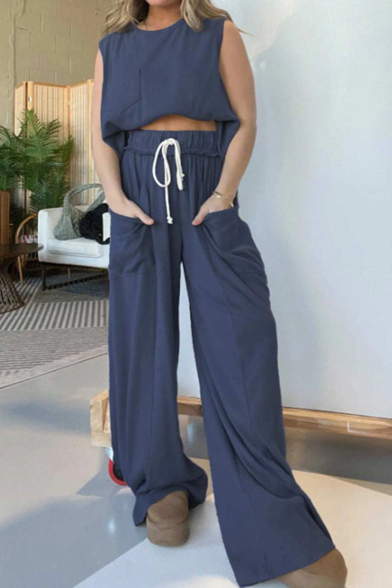 Women's ribbed tank top and wide leg pants set