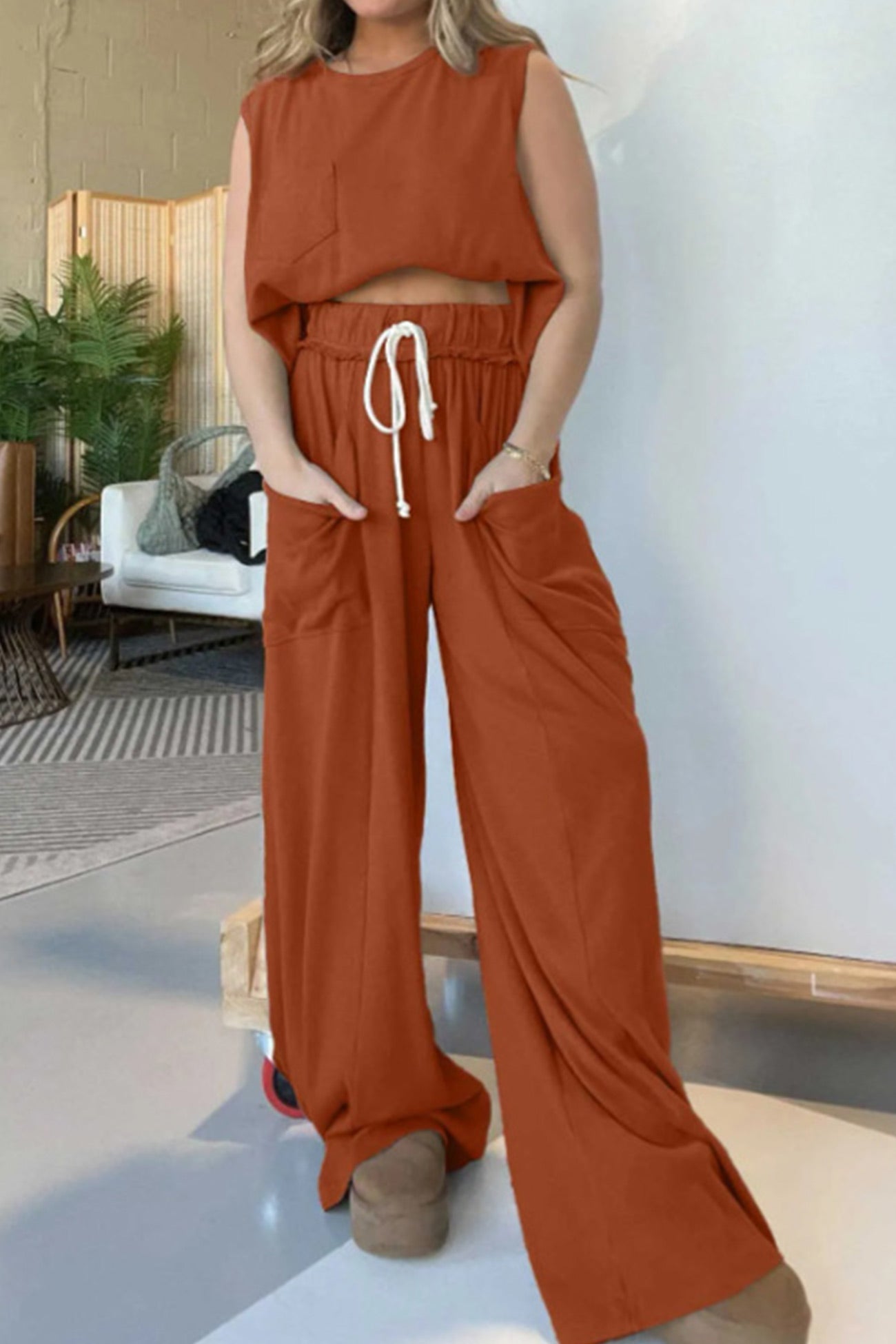 Women's ribbed tank top and wide leg pants set