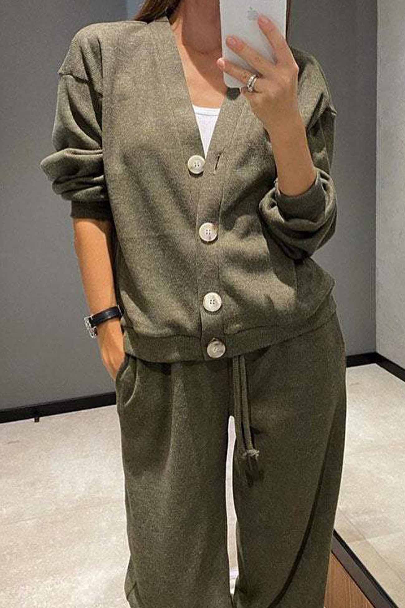 Women's solid color button-down cardigan and long pants set