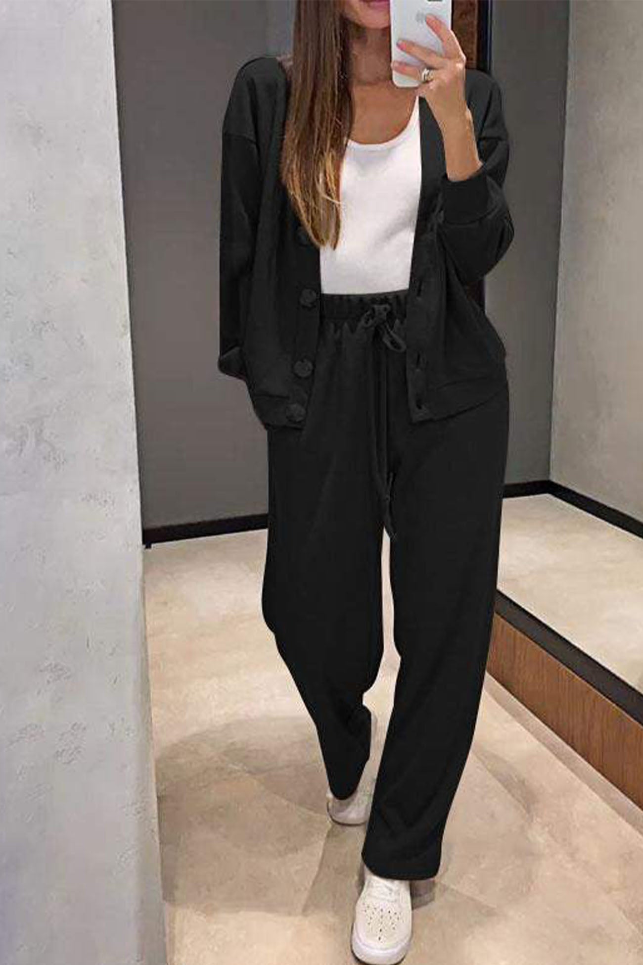 Women's solid color button-down cardigan and long pants set