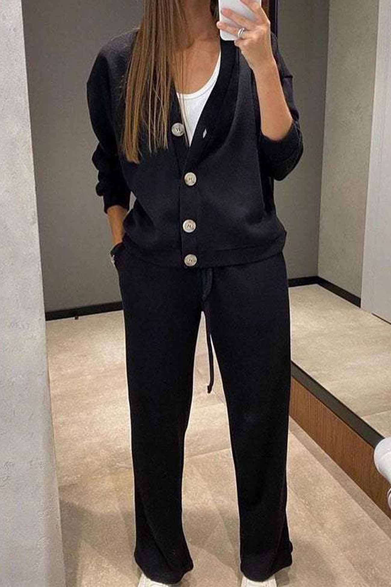 Women's solid color button-down cardigan and long pants set
