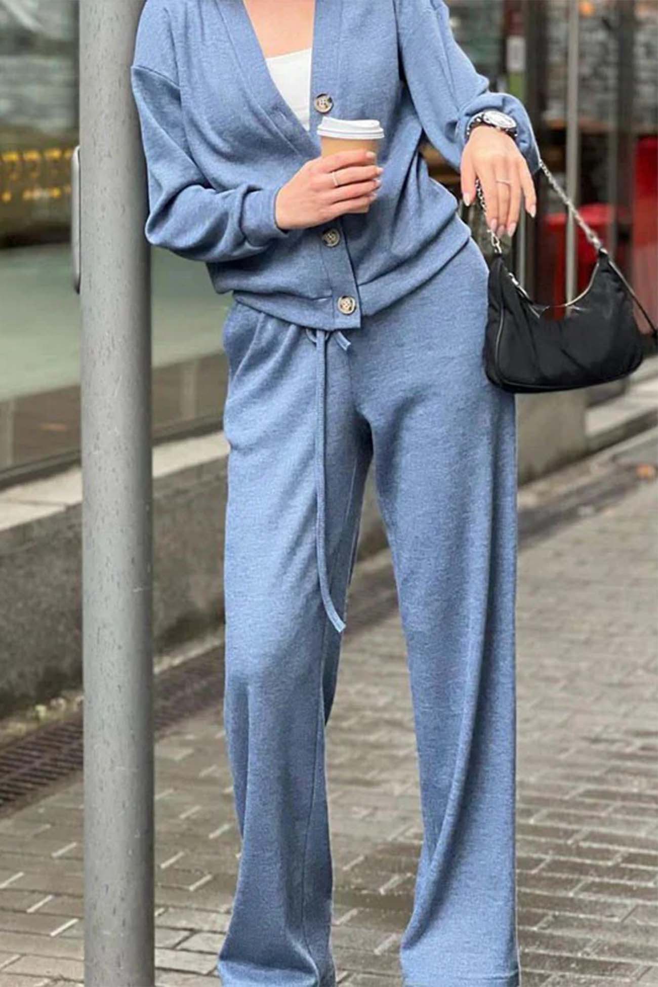 Women's solid color button-down cardigan and long pants set
