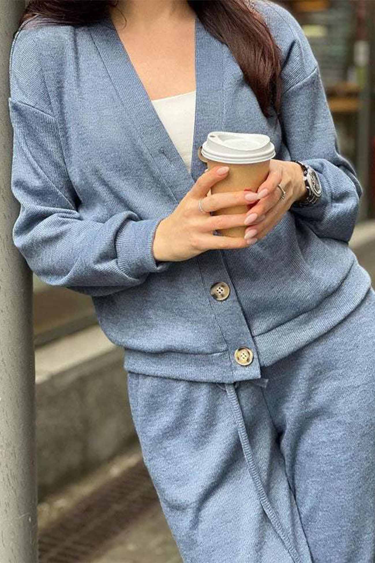 Women's solid color button-down cardigan and long pants set