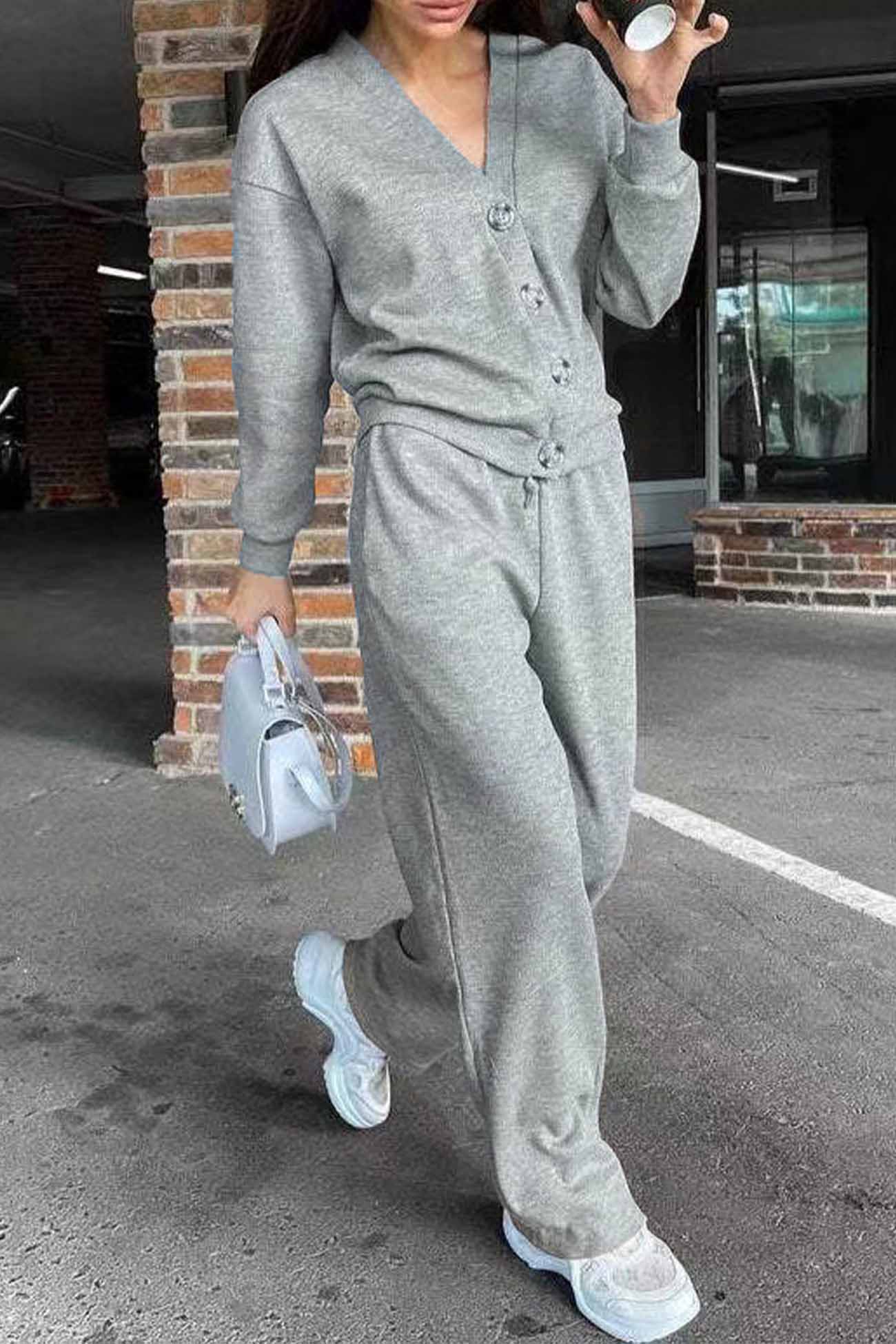 Women's solid color button-down cardigan and long pants set