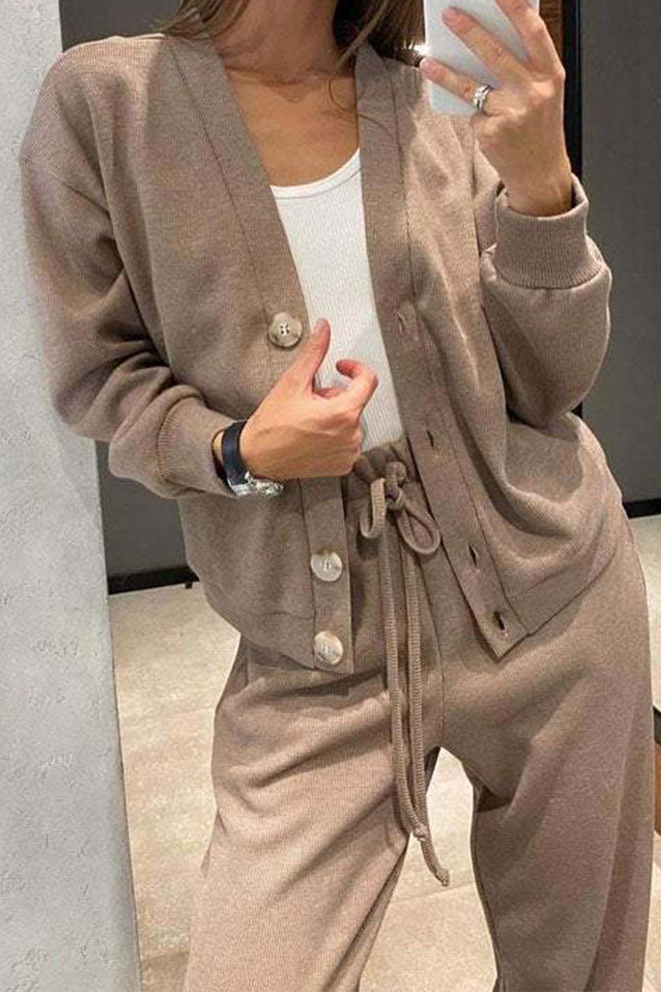 Women's solid color button-down cardigan and long pants set