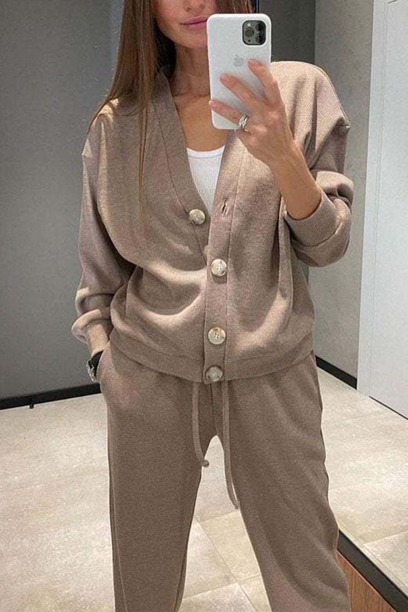 Women's solid color button-down cardigan and long pants set