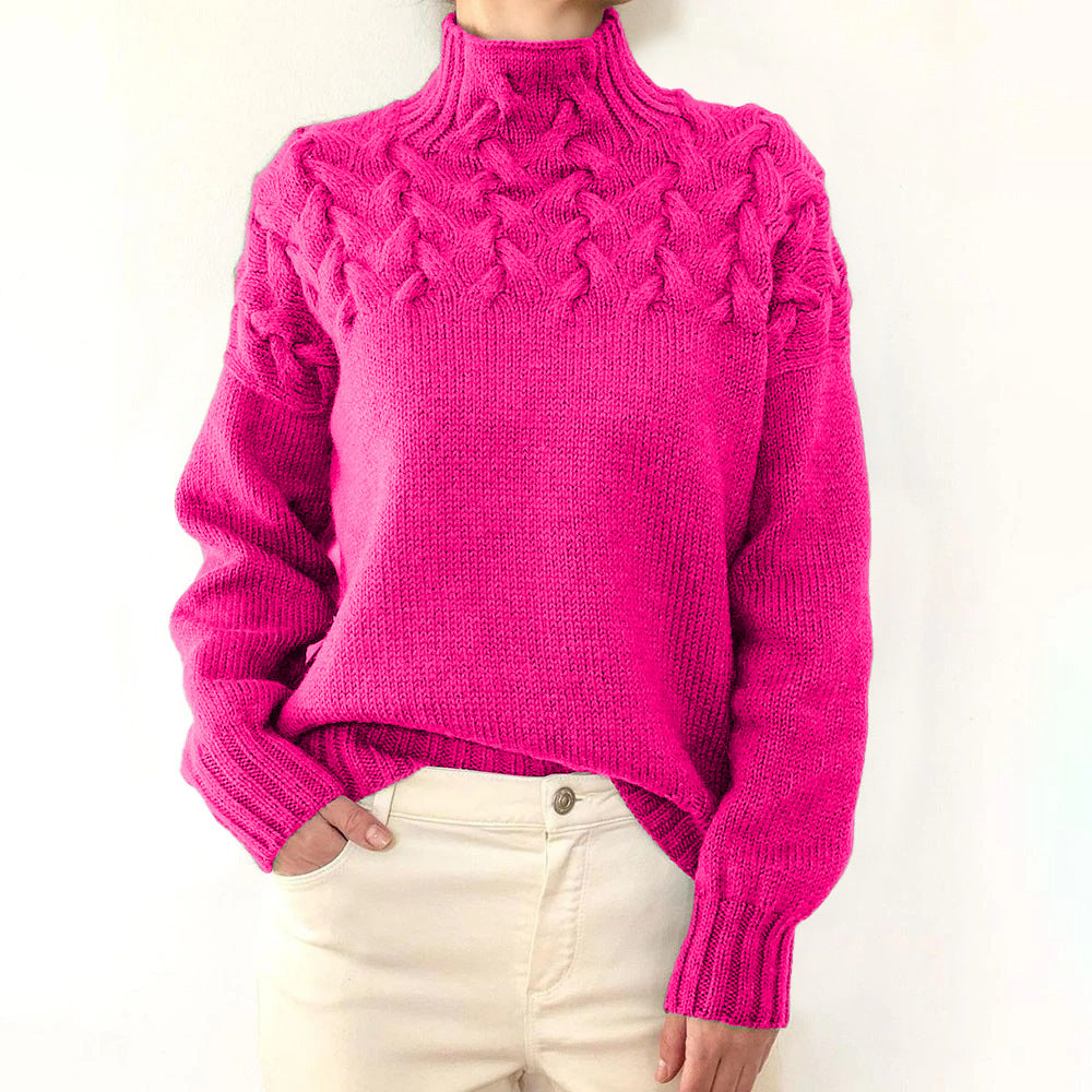 Women's high collar cable knit long sleeve sweater