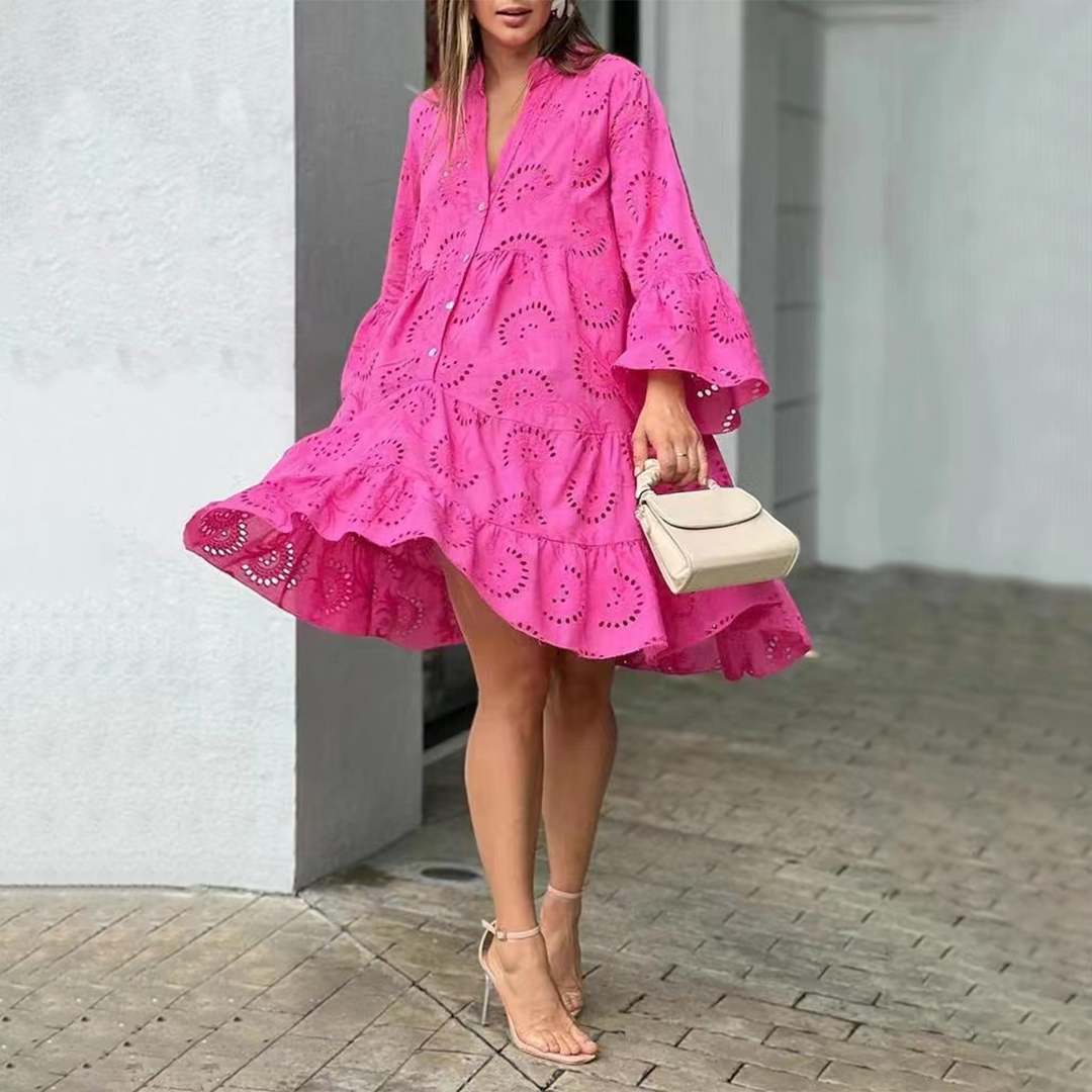 Women’s Button-Down Dress - Eyelet Lace - Tiered Ruffle - Loose Fit Boho Style