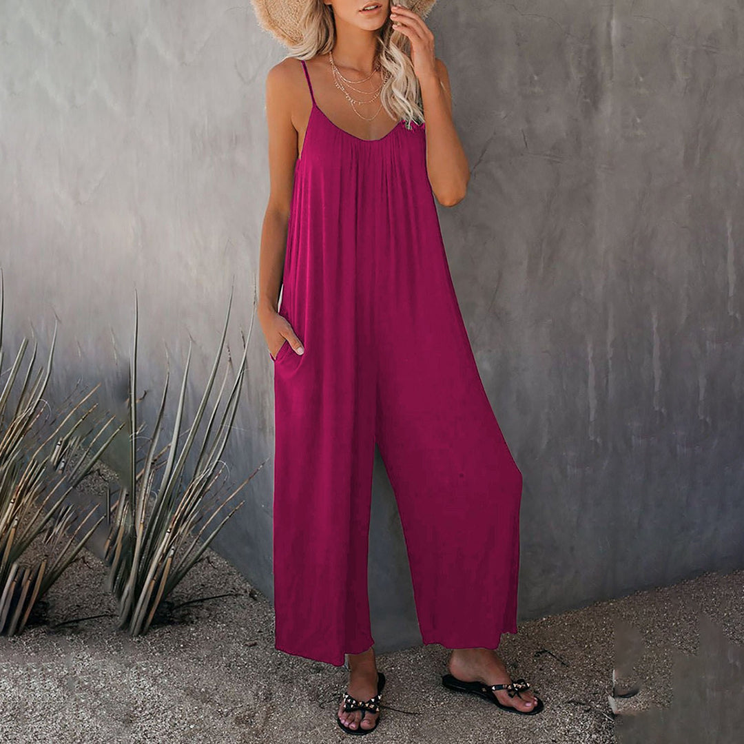 Women's Jumpsuit - Sleeveless V-Neck - Wide-Leg Relaxed Fit - With Pockets