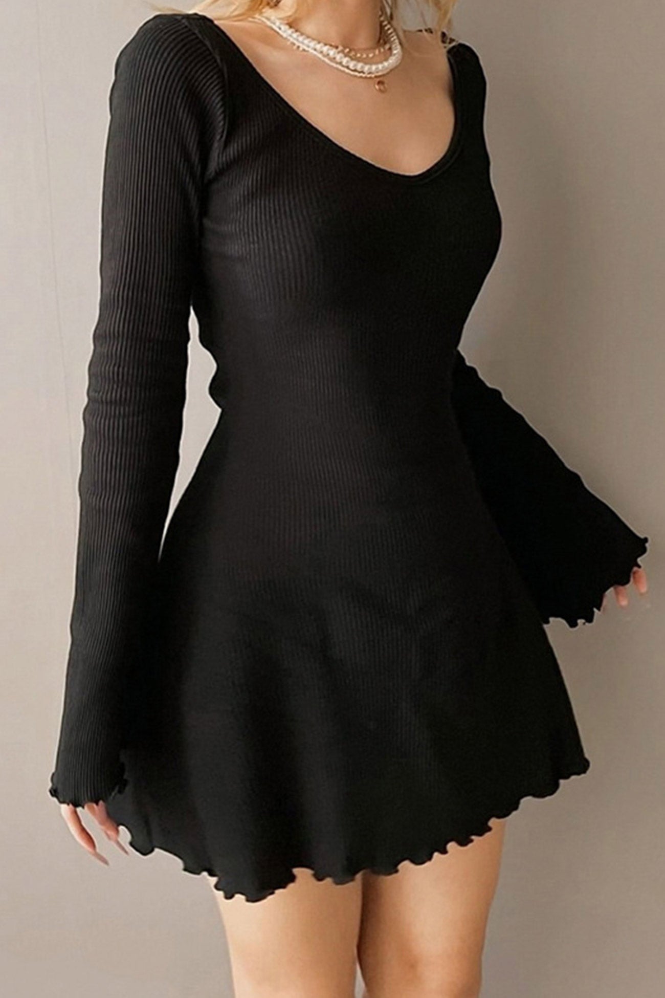 Women's Ribbed Knit Mini Dress - Fitted Silhouette - Scoop Neck - Long Sleeve