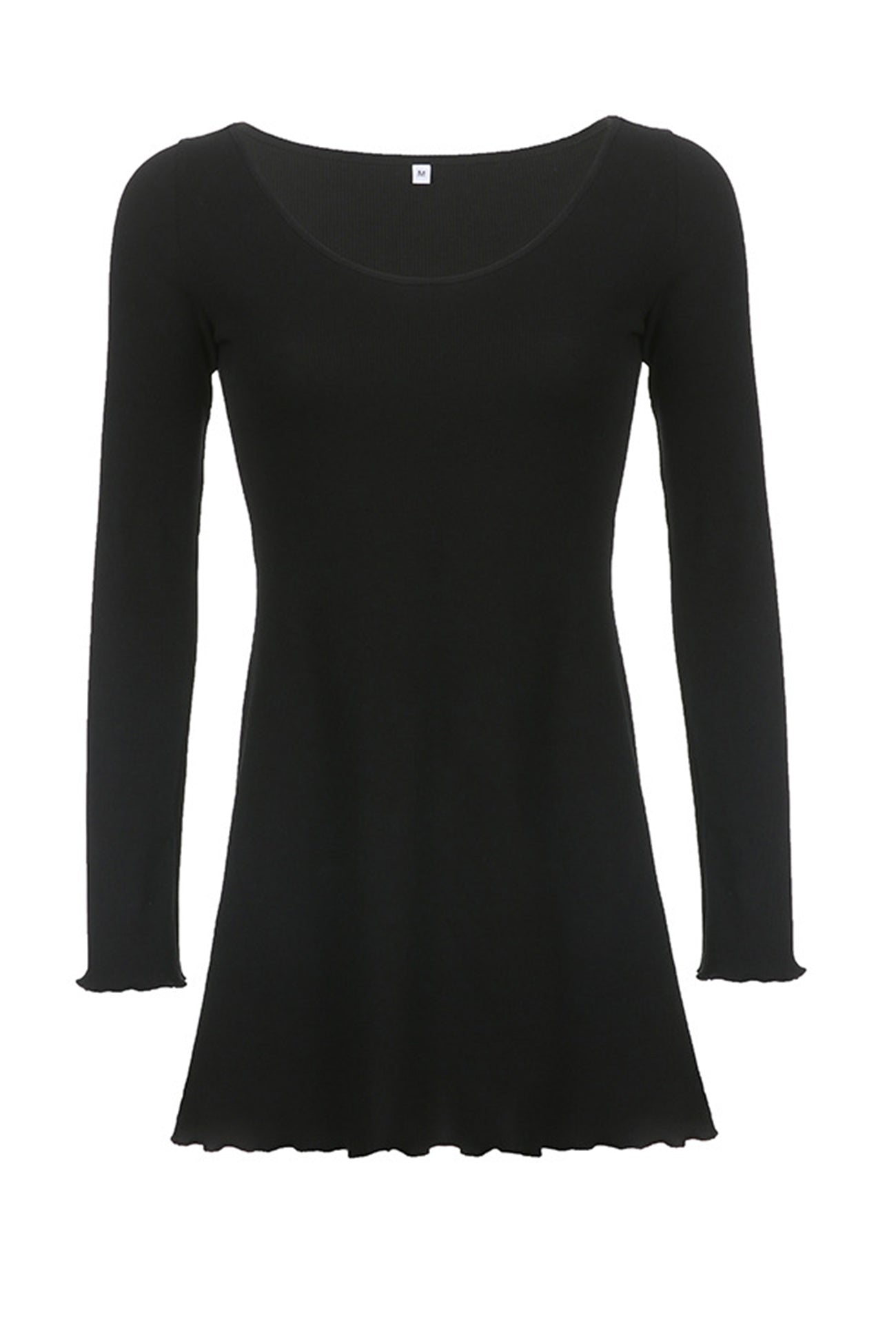 Women's Ribbed Knit Mini Dress - Fitted Silhouette - Scoop Neck - Long Sleeve