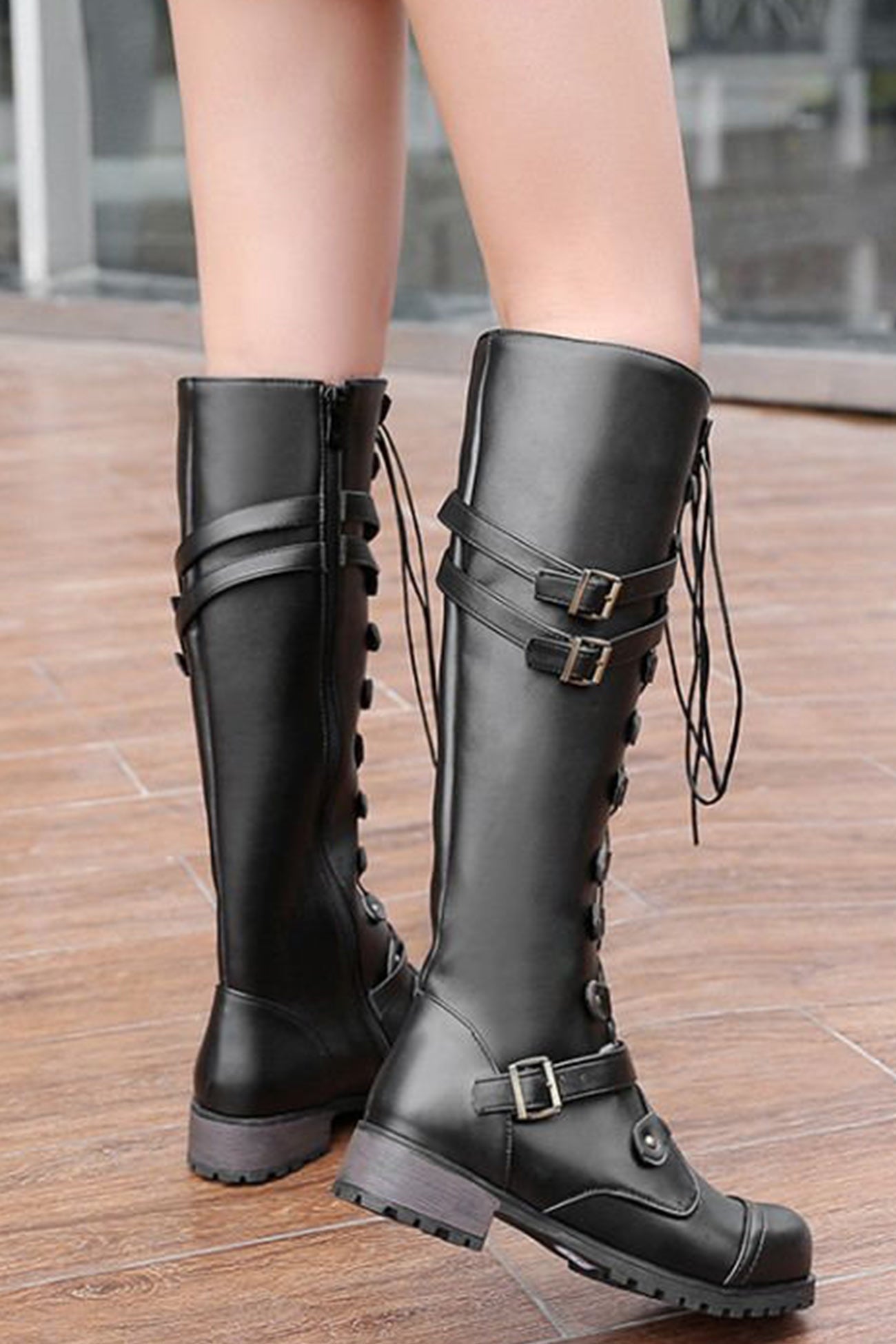 Women's round-toe rivet belt buckle square toe knight boots