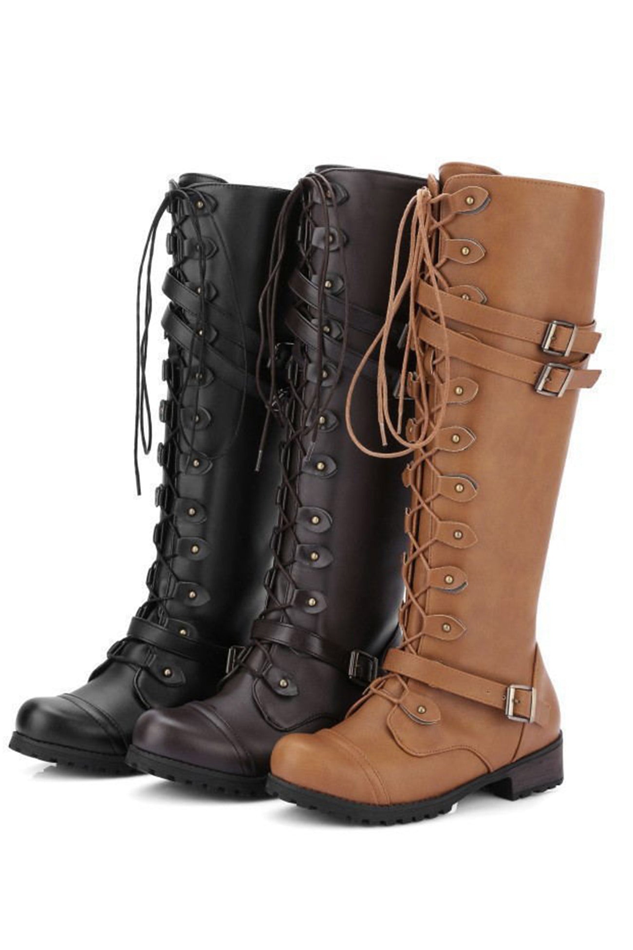Women's round-toe rivet belt buckle square toe knight boots
