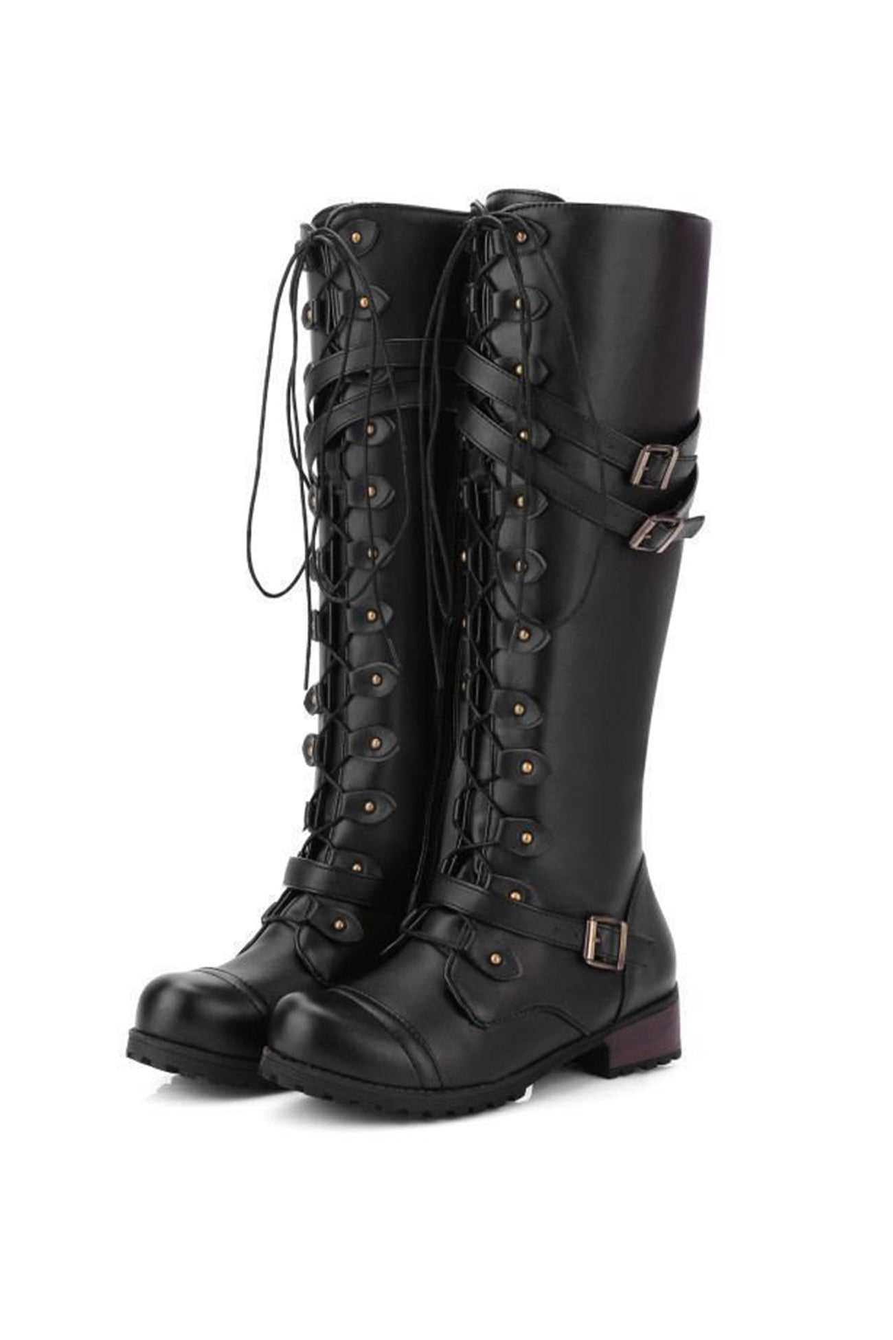 Women's round-toe rivet belt buckle square toe knight boots