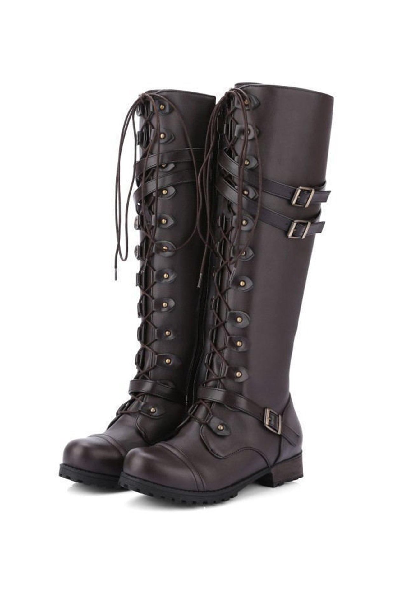 Women's round-toe rivet belt buckle square toe knight boots