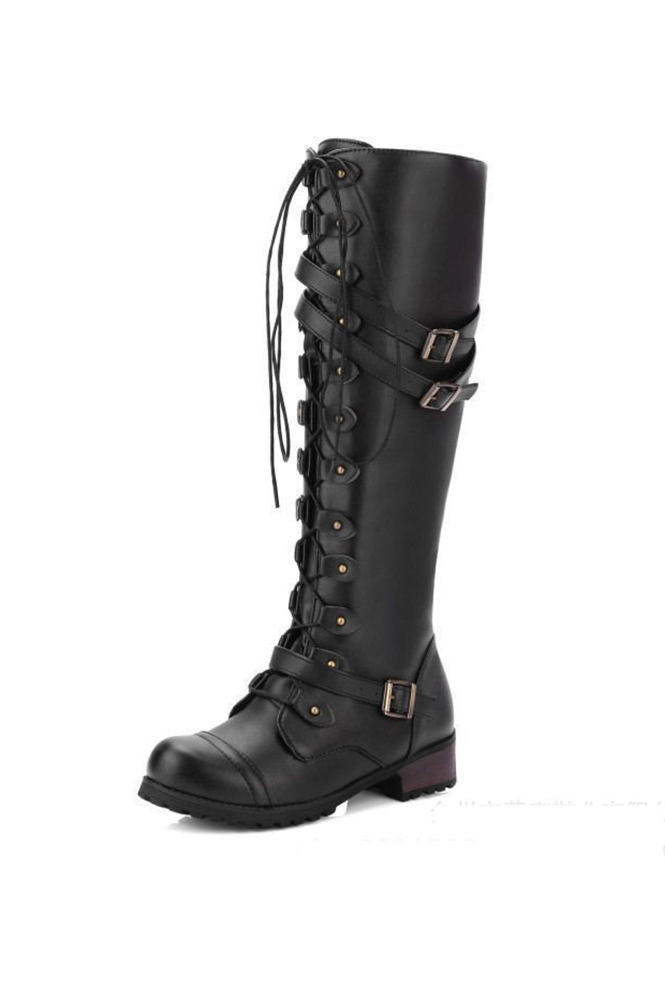Women's round-toe rivet belt buckle square toe knight boots