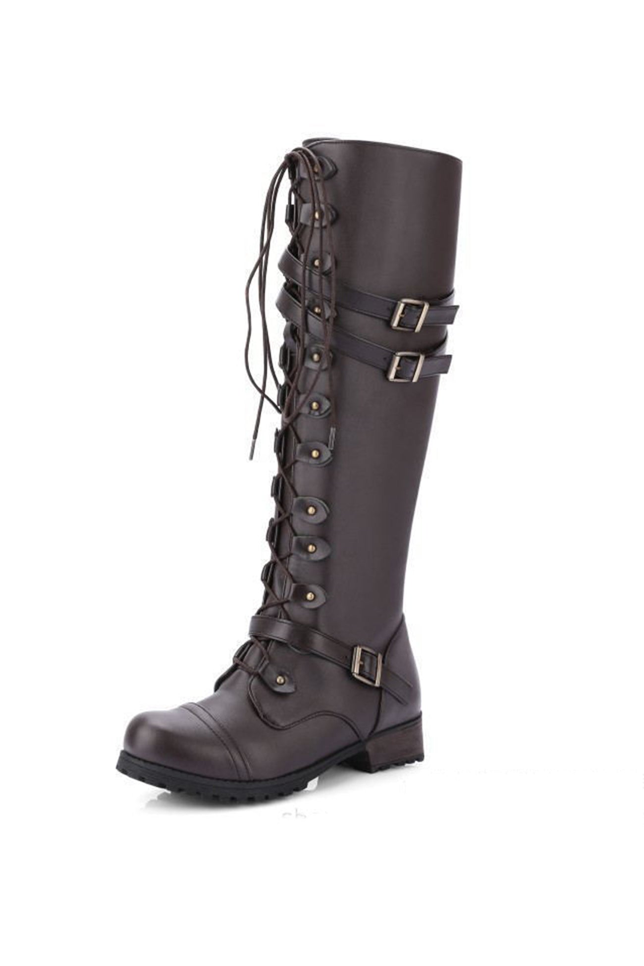 Women's round-toe rivet belt buckle square toe knight boots