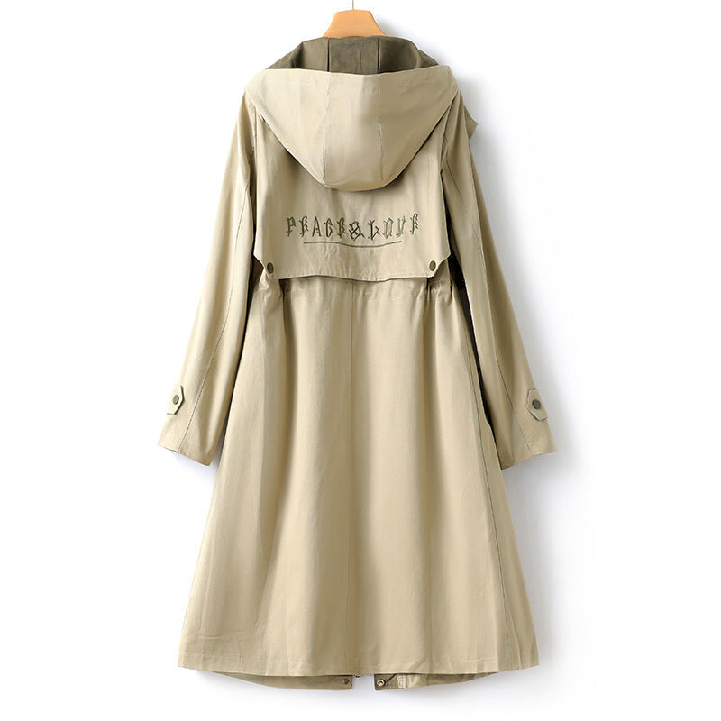 Keren - drawstring waist raglan sleeve hooded trench coat