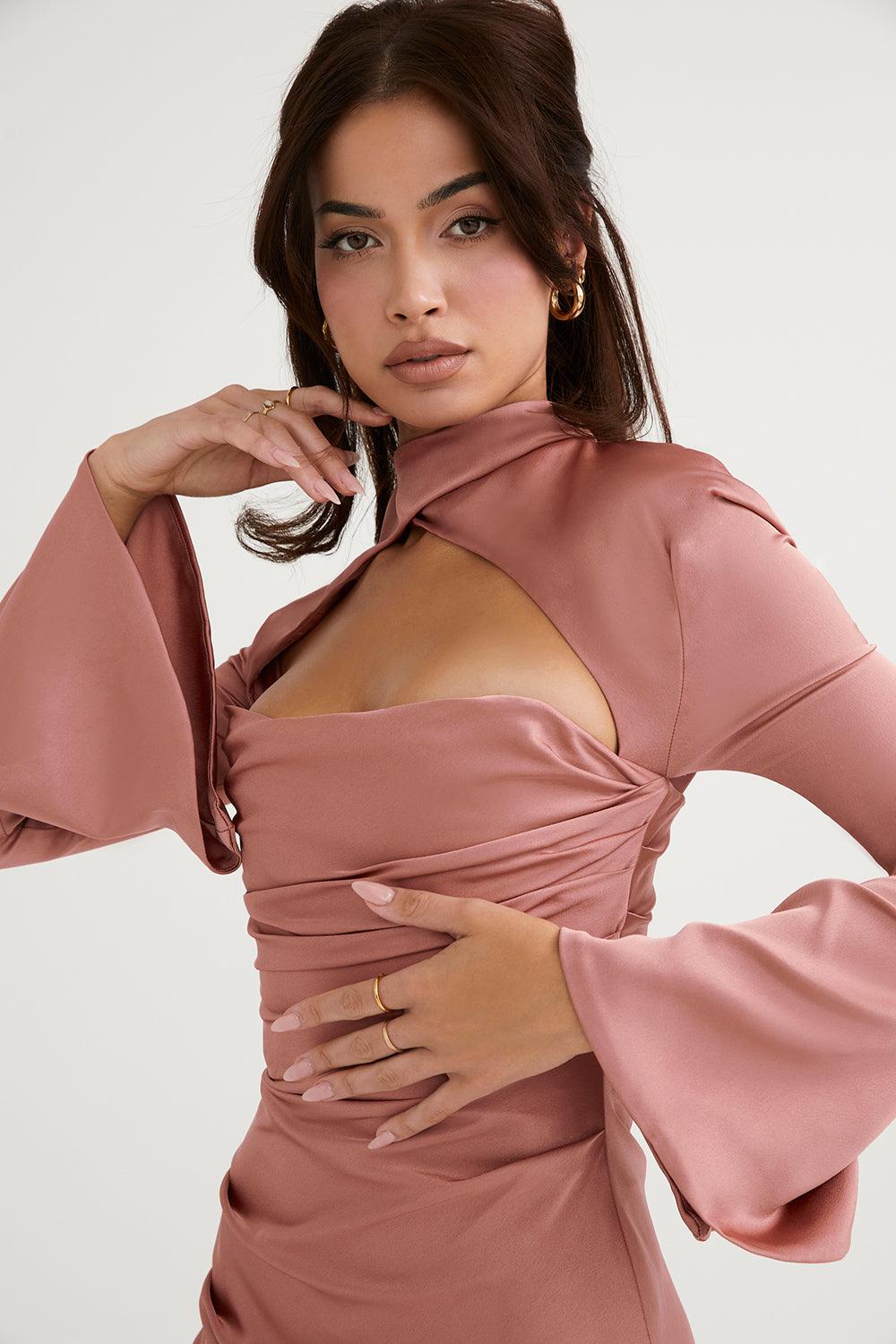 Women's Mini Dress - Satin Finish - Fitted Silhouette - Long Sleeve Cutout Design
