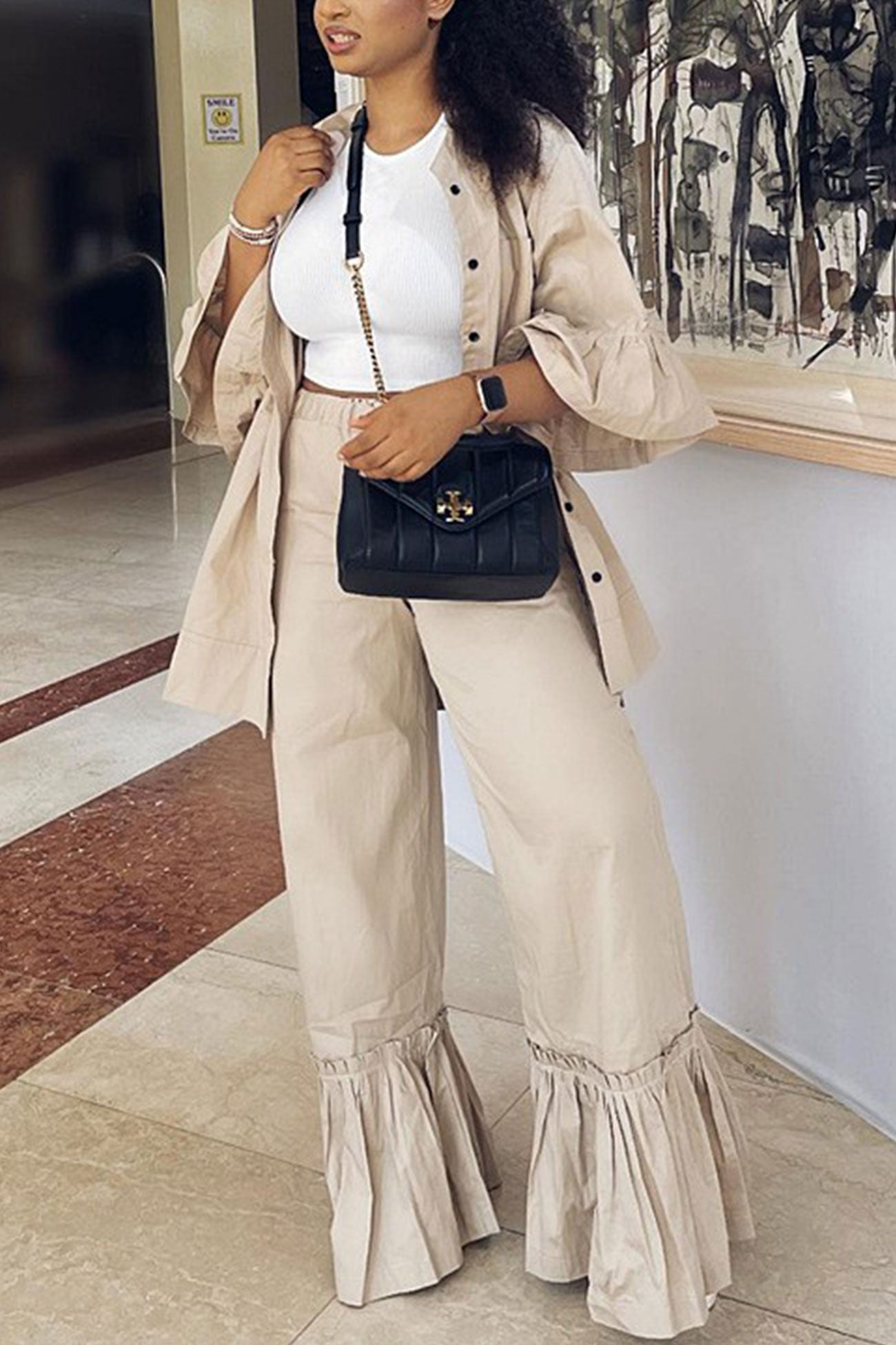 Viovie - ruffle half sleeve shirt flares pants suits