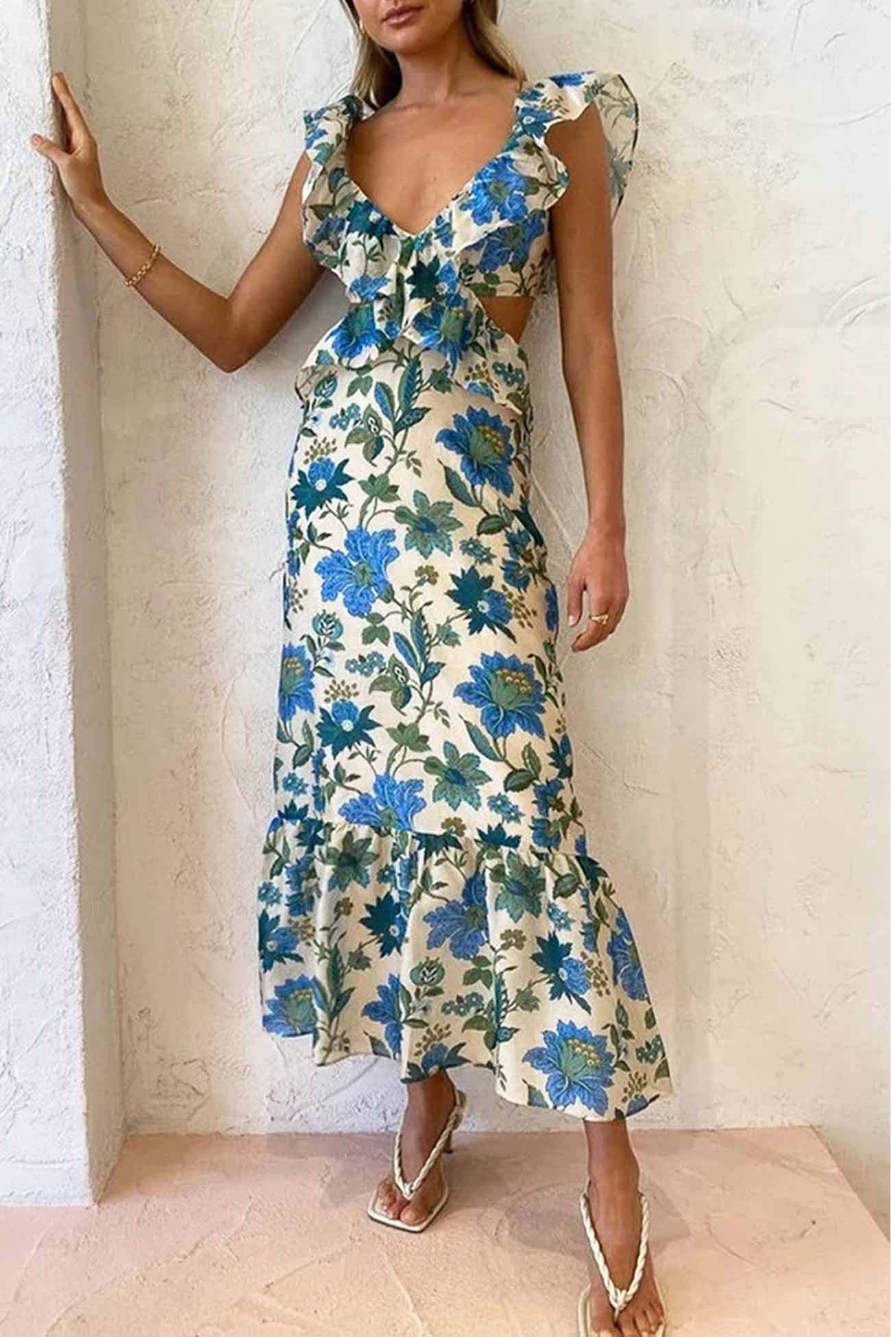 Ravena - ruffled cut - out floral printed lace-up dress