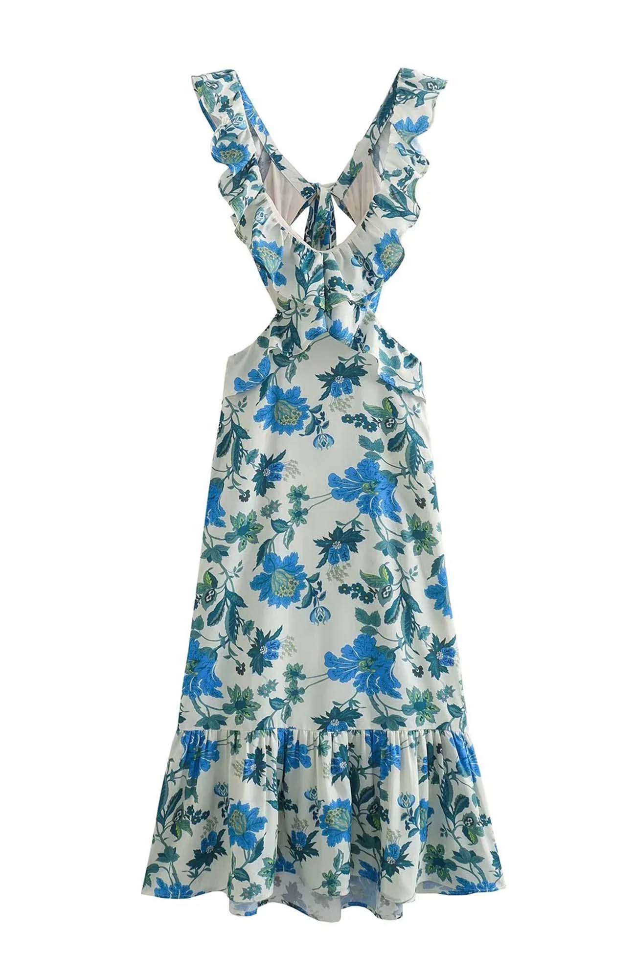 Ravena - ruffled cut - out floral printed lace-up dress