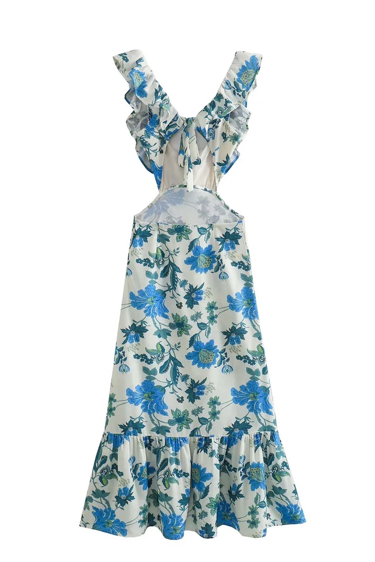 Ravena - ruffled cut - out floral printed lace-up dress