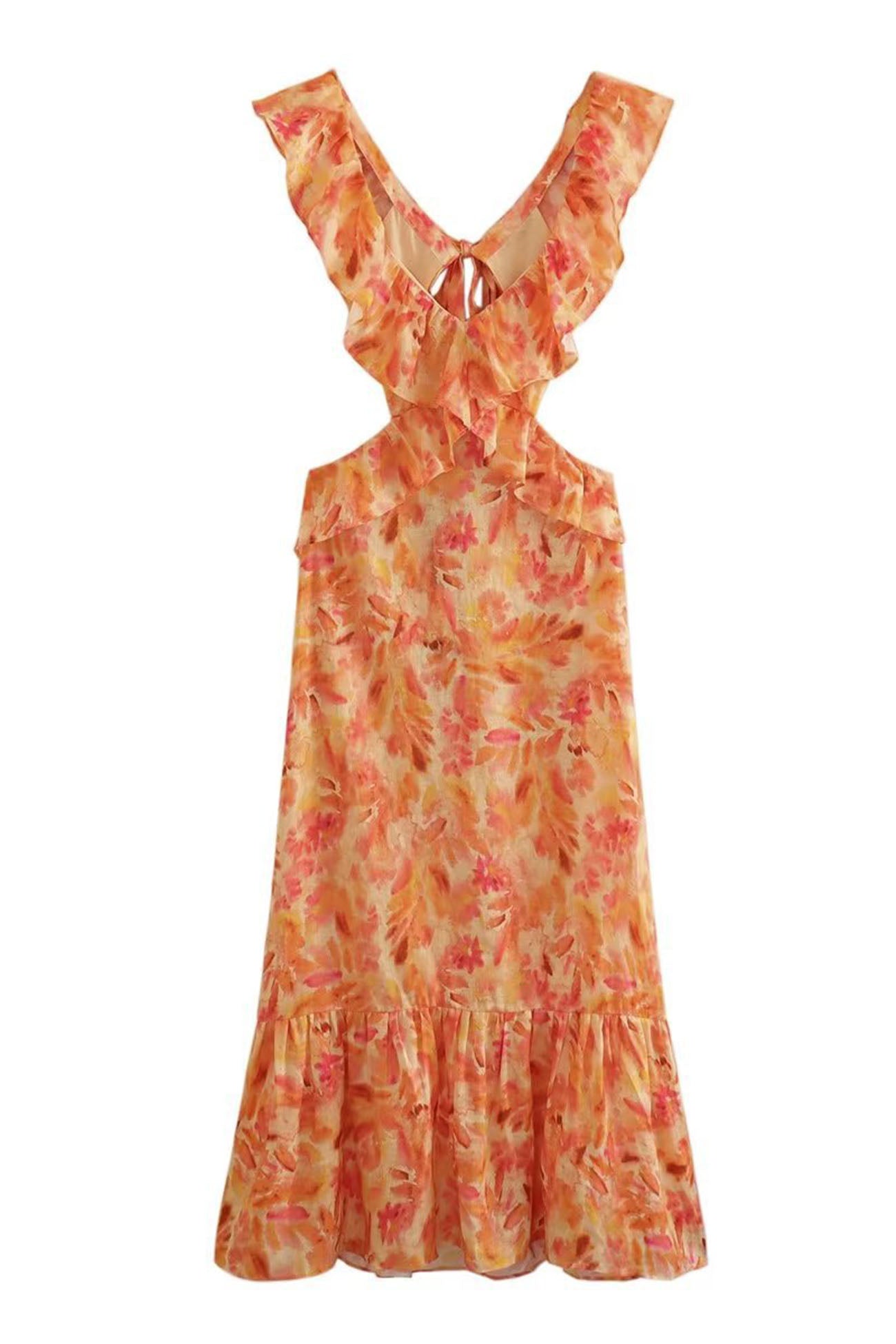 Ravena - ruffled cut - out floral printed lace-up dress