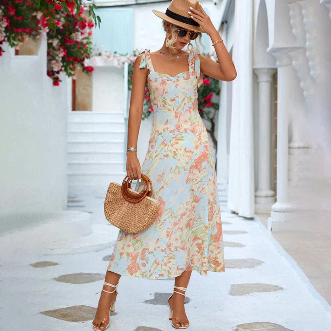 Floral Print Flowy Tie-Up Midi Dress