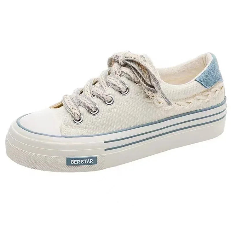 Women's Platform Sneakers - Canvas Low-Top - Lace-Up Rope Laces - Rubber Toe Cap