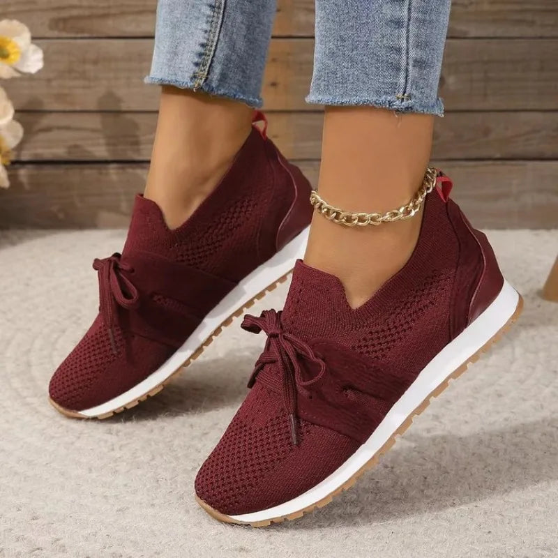 Women's Casual Sneakers - Breathable Knit Upper - Lace-Up - Rubber Sole Comfortable Fit