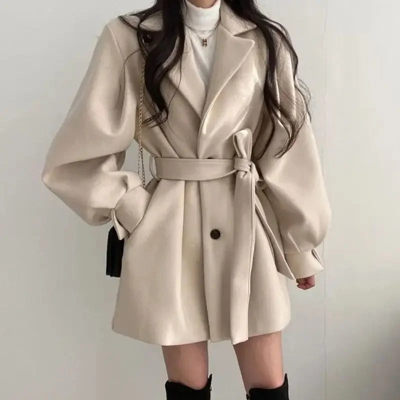 Women's trendy medium-length suit collar overcoat