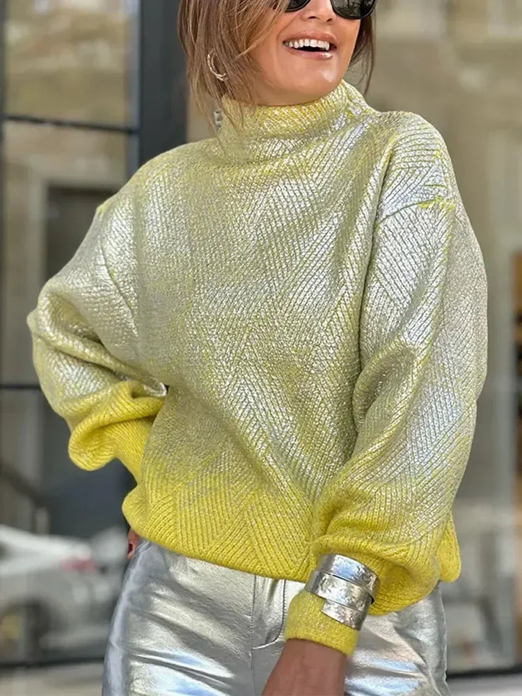 Shiny gradient turtleneck sweater with plaid pattern for women
