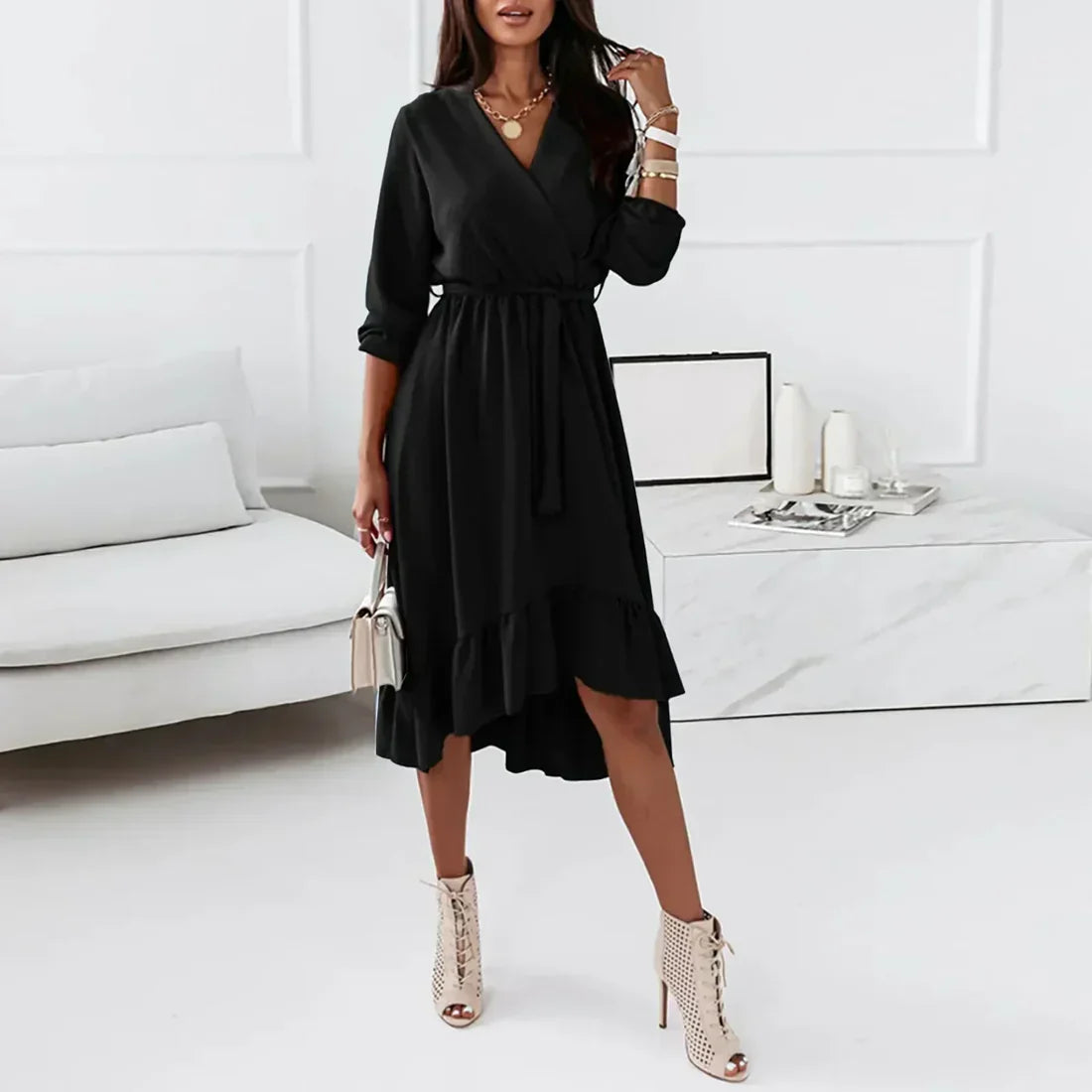Women's Wrap Dress - V-Neck - Long Sleeve - Tie Waist - Ruffle Hem Elegant Fit