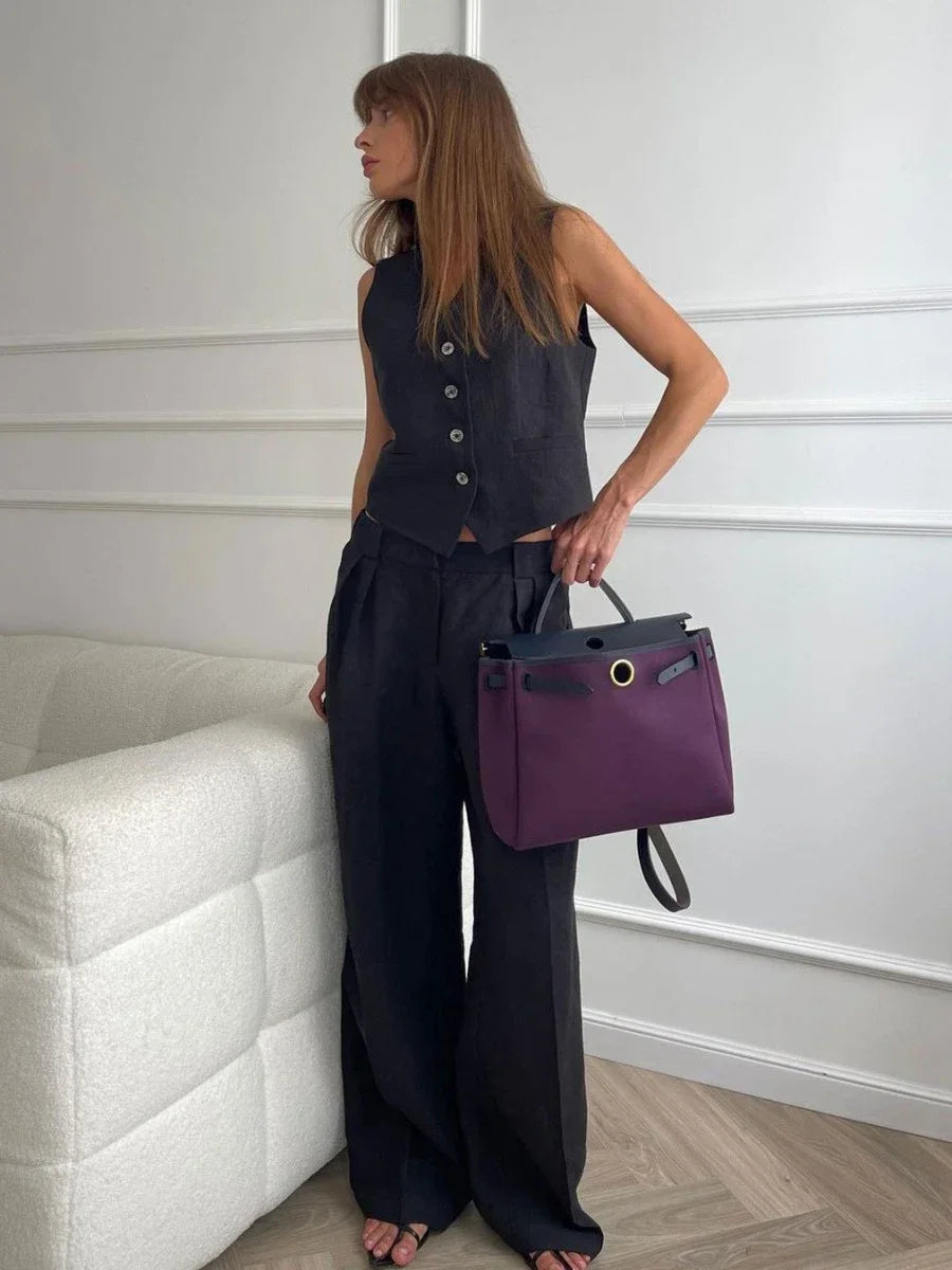 Women's Two-Piece Suit - Sleeveless Fitted Vest & High-Waisted Wide-Leg Trousers