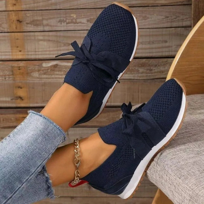 Women's Casual Sneakers - Breathable Knit Upper - Lace-Up - Rubber Sole Comfortable Fit