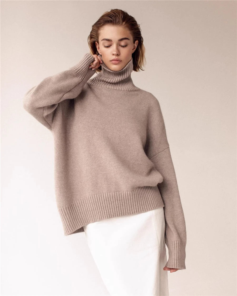 Women's warm casual loose turtleneck knit sweater