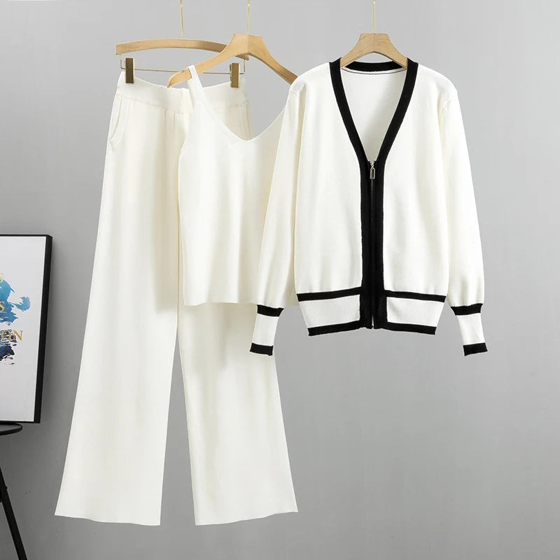 Women's knitted sleeveless top cardigan and elastic waist wide leg pants 3 piece set
