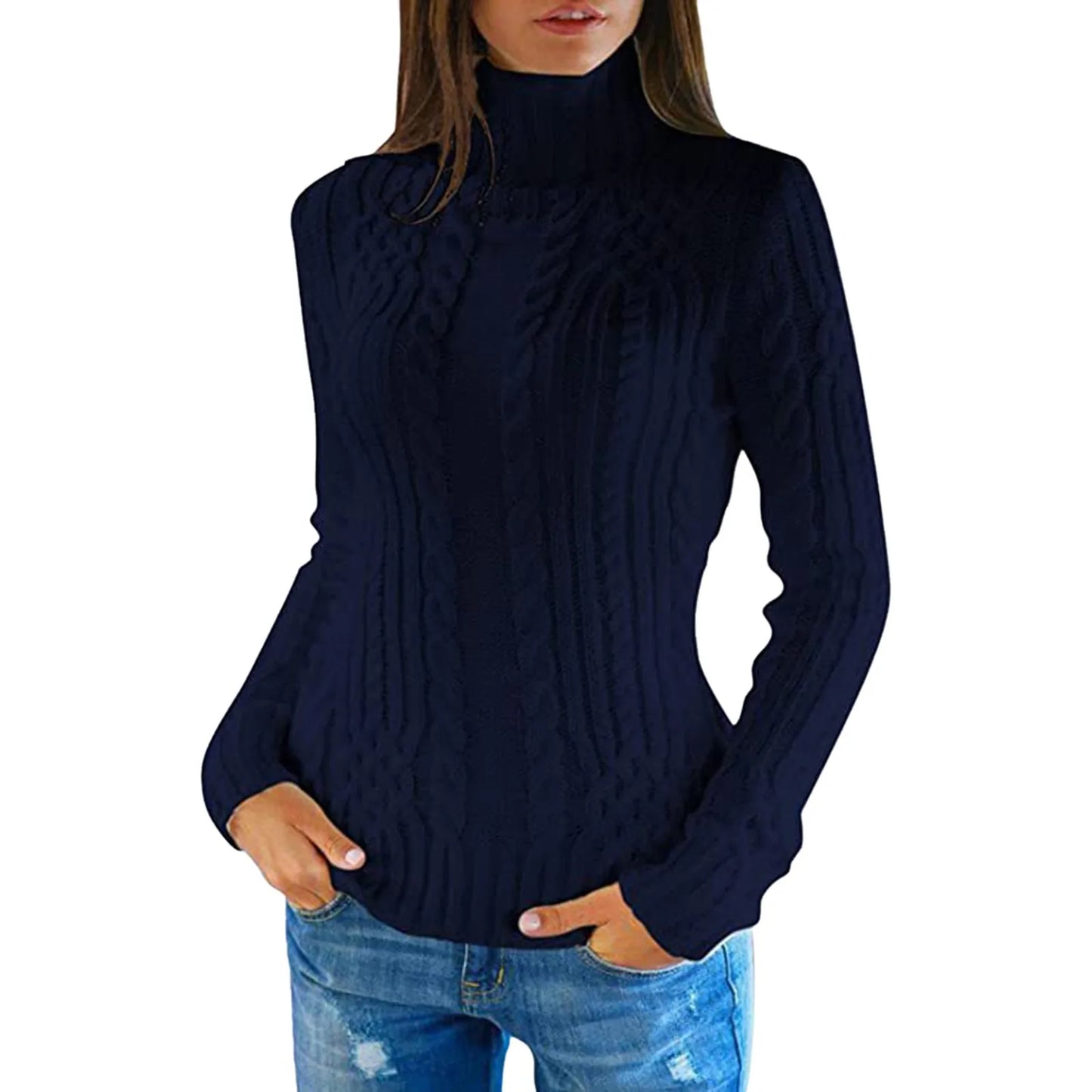 High-neck cable knit sweater for women