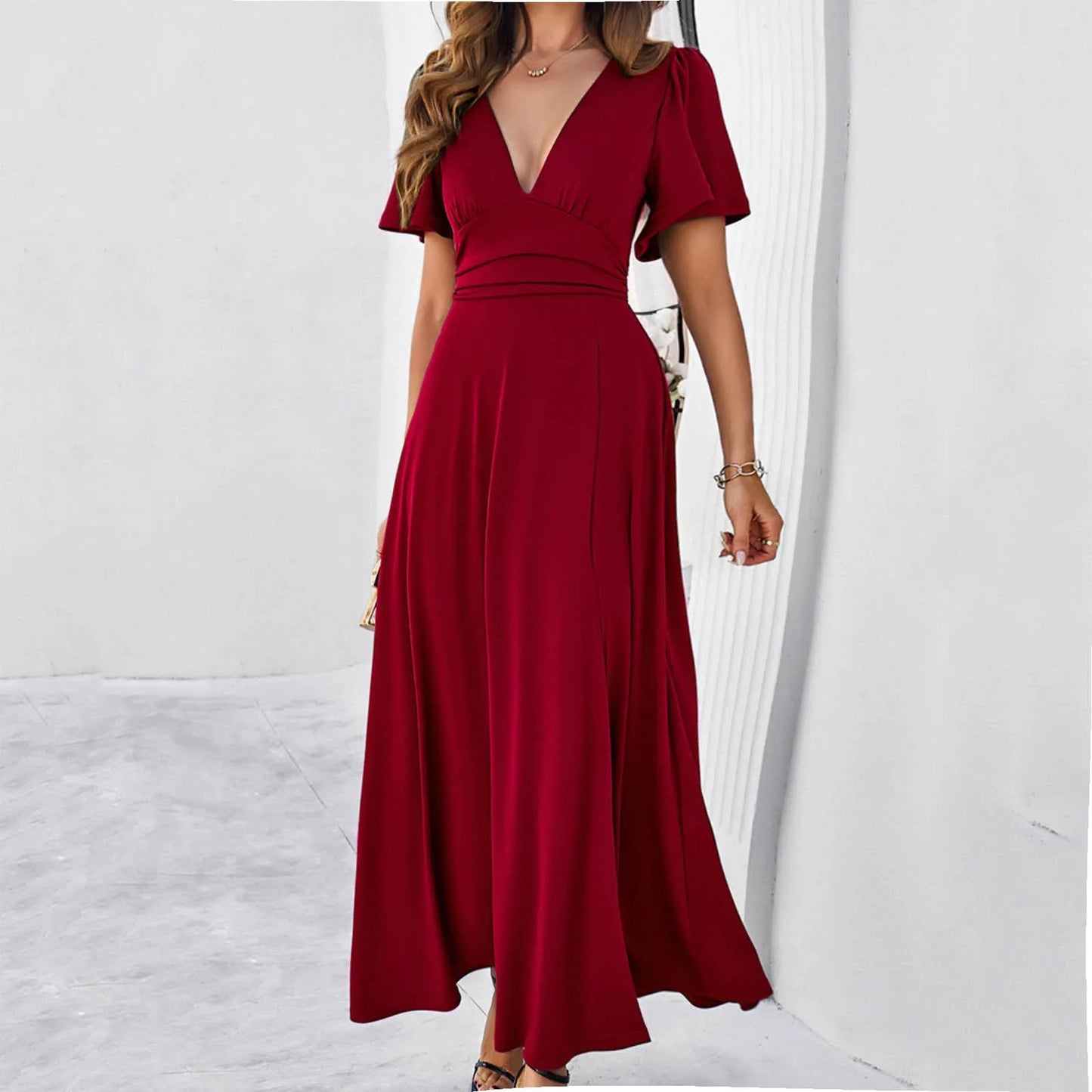 Women’s Maxi Dress – Satin Finish – A-Line Fit – Deep V-Neck – Puff Sleeves – High Slit